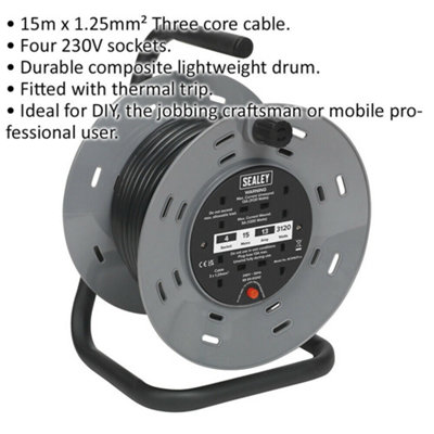 15 Metre Cable Reel - 4 x 230V Plug Socket Extension Lead - Thermal Trip - 3120W