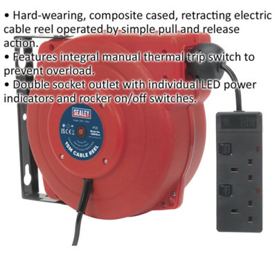 15 Metre Retractable Cable Reel System - 2 x 230V Plug Socket - Composite Cased