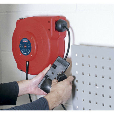 15 Metre Retractable Cable Reel System - 2 x 230V Plug Socket - Composite Cased - 3