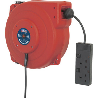 15 Metre Retractable Cable Reel System - 2 x 230V Plug Socket - Composite Cased - 4