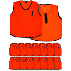 15 PACK 10-14 Years Youth Sports Training Bibs - Numbered 1-15 ORANGE Plain Vest