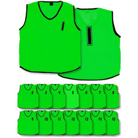 15 PACK 4-9 Years Kids Sports Training Bibs - Numbered 1-15 GREEN Plain Vest