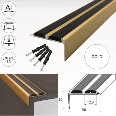 15 Pack A37 36 x 20mm Anodised Aluminium Non Slip Rubber Stair Nosing Edge Trim With Inserts - Gold With Black Rubber, 0.9m