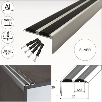 15 Pack A37 36 x 20mm Anodised Aluminium Non Slip Rubber Stair Nosing Edge Trim With Inserts - Silver With Black Rubber, 0.9m
