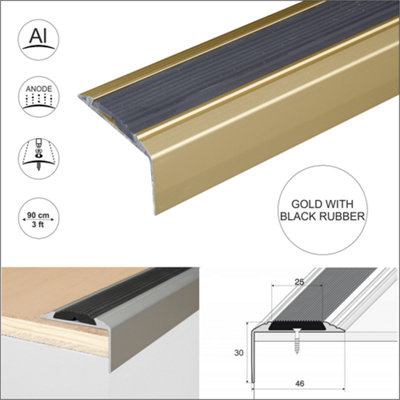 15 Pack Gold - A38 46 x 30mm Anodised Aluminium Non Slip Rubber Stair Nosing With Black Rubber 0.9m