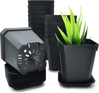 15-Pack Square Plant Pots with Trays - Durable Black Plastic Pots with Drainage for Indoor & Outdoor Use