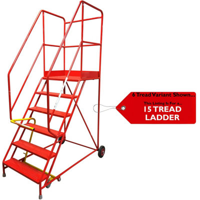 15-Step Heavy Duty Mobile Warehouse Ladder with Punched Treads for Safety