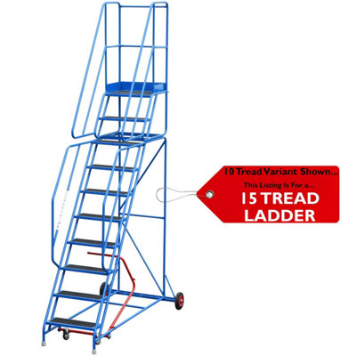 15 Tread Portable Safety Ladder with Anti-Slip Steps - Mobile Warehouse Stairs 4.75m