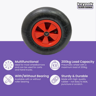 15" Wheelbarrow Wheel Pneumatic Tyre, No Bearings, 200kg Load Capacity