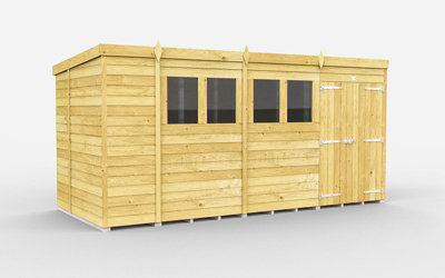 15 x 7 Feet Pent Shed - Double Door With Windows - Wood - L214 x W454 x H201 cm