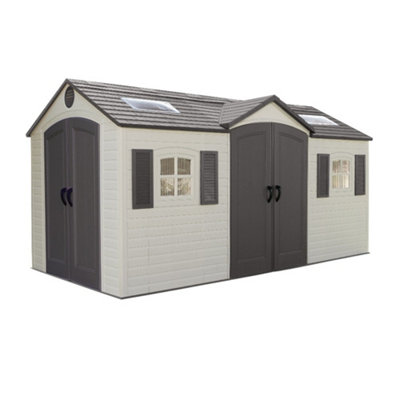 15 x 8 Life Plus Double Entrance Plastic Apex Shed With Plastic Floor + 2 Windows (15ft x 8ft / 15' x 8' / 4.57m x 2.43m)