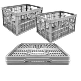 15 x Grey 32L Plastic Folding Crate Boxes With Handles Collapsible, Foldable & Stackable