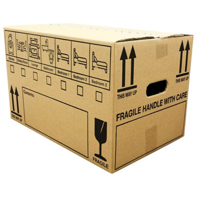 15 x Large Cardboard Packing Boxes 47cm x 31.5cm x 27cm 44 Litres Carry Handles and Room List
