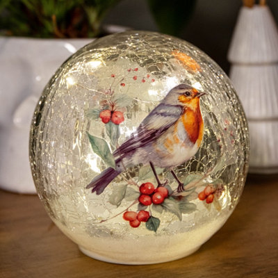 150 Battery Operated Light up Robin Crackle Glass Ball with 12 Warm White LEDs