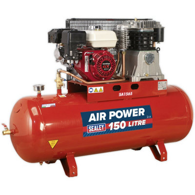 150 Litre Belt Drive Air Compressor - 6.5hp Petrol Engine - Gauge & Air Outlet
