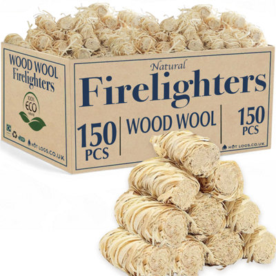 150 Natural Firelighters Large Box. Natural Wood Wool Wax Fire Lighters for Stoves, Wood Burners, Pizza Ovens, Open Fires BBQ Pits