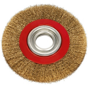 150 x 13mm Wire Brush Wheel - Brass Coated Steel - 32mm Bore - Bench Grinding