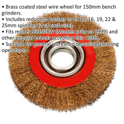 150 x 20mm Wire Brush Wheel - Brass Coated Steel - 32mm Bore - Bench Grinding