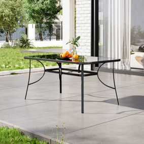 150 x 90cm Wrought Iron Style Garden Table with Tempered Glass Top and Parasol Hole, Black