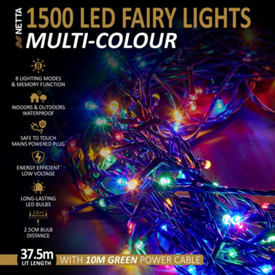 1500 LED Fairy String Lights 37.5M Indoor & Outdoor Christmas Tree Lights Green Cable - Multi Colour