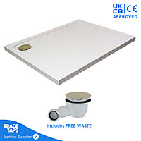 1500 x 700mm White Rectangular 45mm Low Profile Shower Tray with Brushed Brass Waste