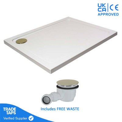 1500 x 700mm White Rectangular 45mm Low Profile Shower Tray with Brushed Brass Waste