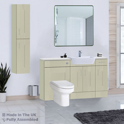 1500mm Set With Gloss White Worktop, BTW WC And Cistern, 1TH S/R Basin - Cartmel Woodgrain Sage Green Price Comparisons | Compare The Build