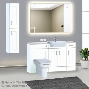 1500mm Set With Gloss White Worktop, BTW WC And Cistern, 1TH S/R Basin - Oxford Matt White
