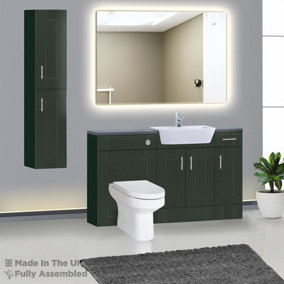 1500mm Set With Noir Gloss Worktop, BTW WC And Cistern, 1TH S/R Basin - Cambridge Solid Wood Fir Green