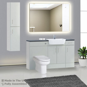 1500mm Set With Noir Gloss Worktop, BTW WC And Cistern, 1TH S/R Basin - Vivo Gloss Light Grey