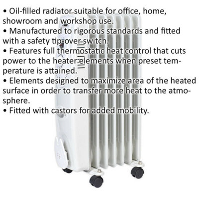 1500W 7 Element Oil-Filled Radiator - Thermostat Control - Castor Wheels - 230V