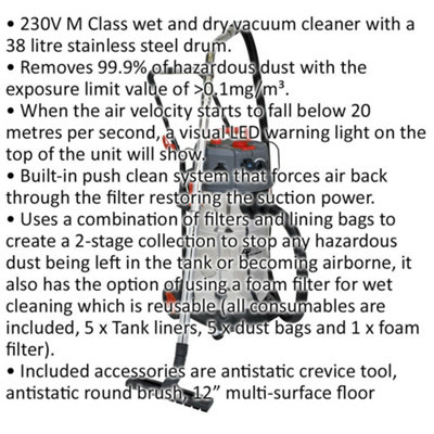 1500W Dust Free Wet & Dry Industrial Vacuum Cleaner - 38L Drum - M Class - 230V