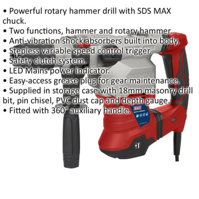 1500W SDS Max Rotary Hammer Drill - Anti-Vibration - Variable Speed Control