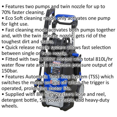 150bar Pressure Washer - Twin Pump & Rotary Jet Nozzle - Total Stop System