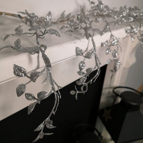 150cm Christmas Silver Glitter Leaf Garland with Hanging Loop