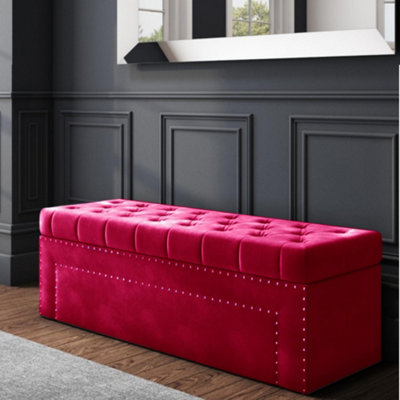 150cm Duke Ottoman Storage Box -Chesterfield Upholstered Blanket Box - Claret Red Plush Velvet Ottoman Bench