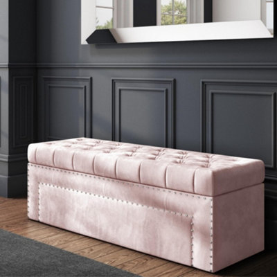 150cm Duke Ottoman Storage Box -Chesterfield Upholstered Blanket Box - Pink Plush Velvet Ottoman Bench