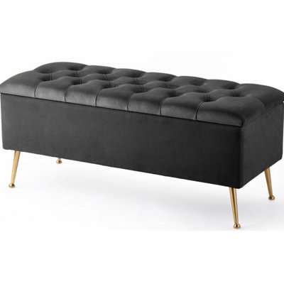 150cm French Chesterfield Upholstered Footstool - End of Bed Table - Black Shoe storage Bench with Metal Legs