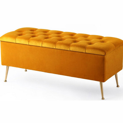 150cm French Chesterfield Upholstered Footstool - End of Bed Table - Burnt Orange Shoe storage Bench with Metal Legs