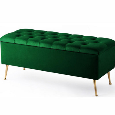 150cm French Chesterfield Upholstered Footstool - End of Bed Table - Forest Green Shoe storage Bench with Metal Legs