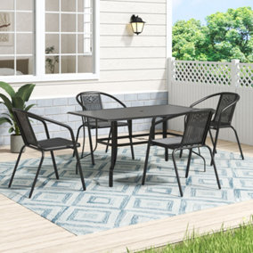 150cm L Garden Metal Slatted Coffee Table with Four Rattan Chairs Outdoor Table in Black