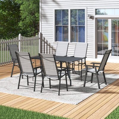 150cm L Garden Metal Slatted Coffee Table with Six Foldable Chairs Outdoor Table in Black