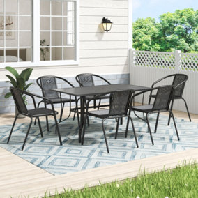 150cm L Garden Metal Slatted Coffee Table with Six Rattan Chairs Outdoor Rectangle Table in Black