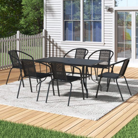 150cm L Garden Metal Slatted Coffee Table with Six Rattan Chairs Rectangle Table in Black