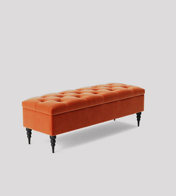 150cm Safar Ottoman bench with Storage and Turned Wooden Legs- Plush Velvet Shoe Bench - Burnt Orange Chesterfield  Blanket Box