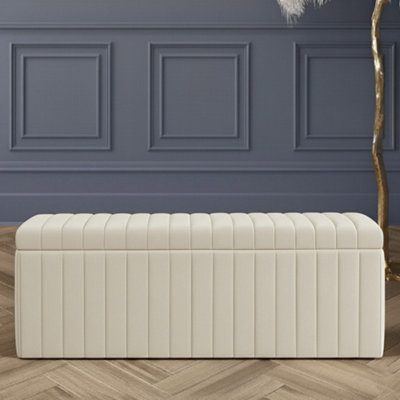 150cm Wide Lux Ottoman Storage Box, Cream Velvet Upholstered Full ...