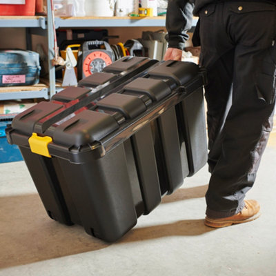 150L Heavy duty Black Plastic Nesting Wheeled Storage trunk with Lid