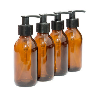 150ml Empty Amber Glass Bottles with Black Pumps - Pack of 4  (Soap Dispenser