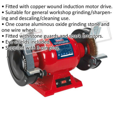 150mm Bench Grinder with Wire Wheel - 370W Copper Wound Induction Motor - Coarse