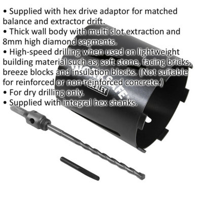 150mm x 150mm - Dry Diamond Core Drill Hole Saw - Hex Drive Adaptor - Drill Bit